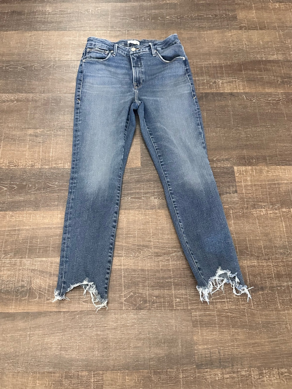 Good American Straight Medium Blue Wash High Rise Raw Hem Jeans 6/28